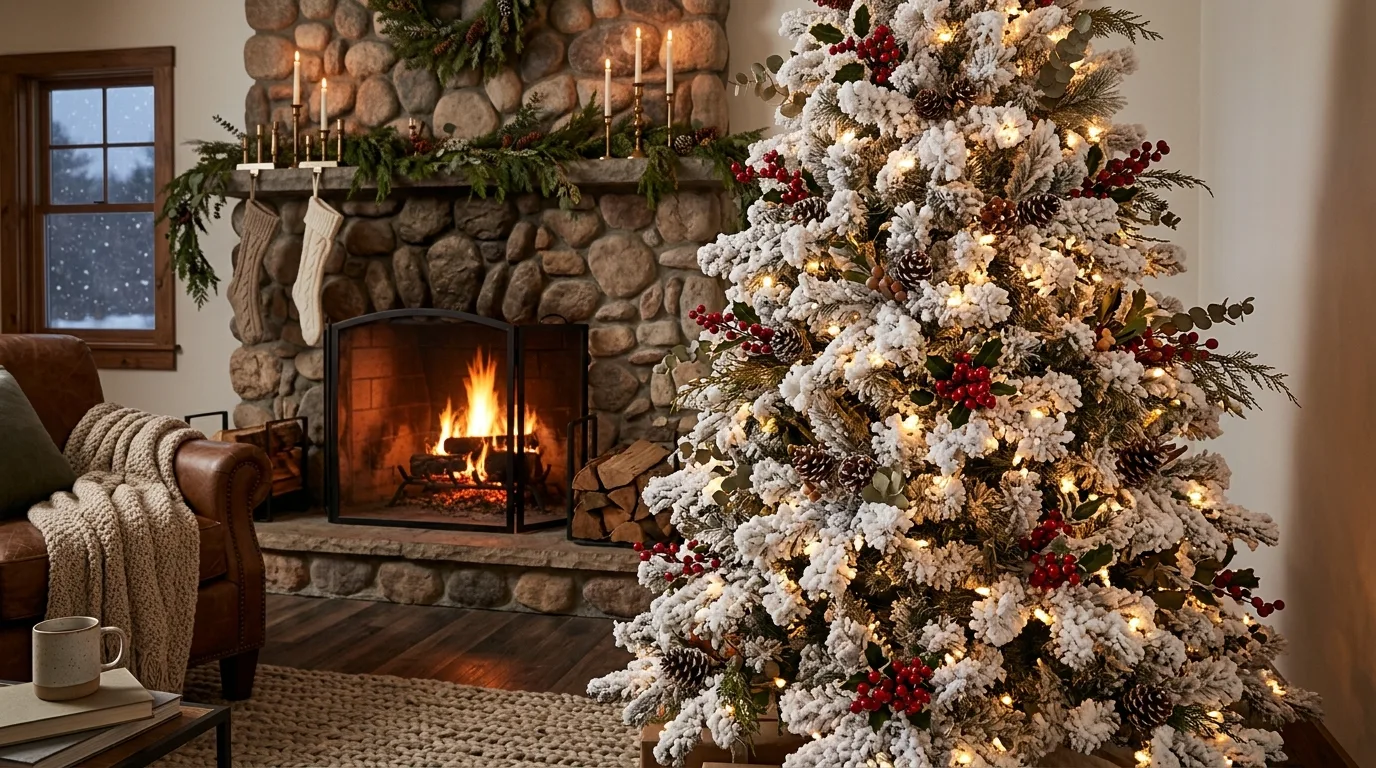 Snowy white Christmas tree with red berries and greenery.